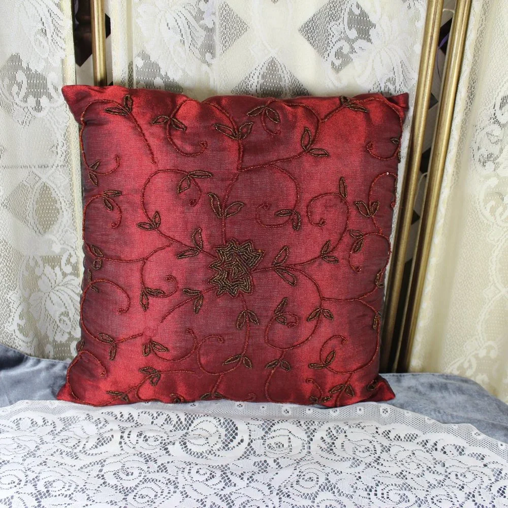 Wine Colored Beaded Christmas Holiday Pillow